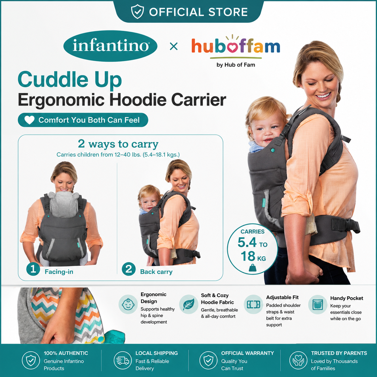 Infantino F005331 Cuddle Up Ergonomic Hoodie Carrier For Baby Weight 5.4 to 18kg