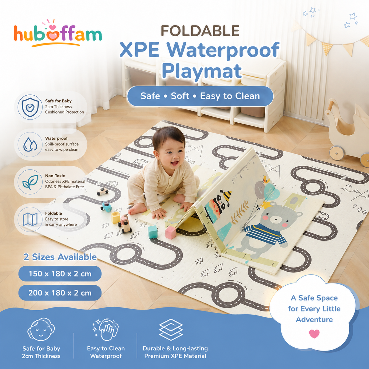 XPE Baby Playmat – Foldable & Roll Waterproof Play Mat, 2cm Thick Double Sided